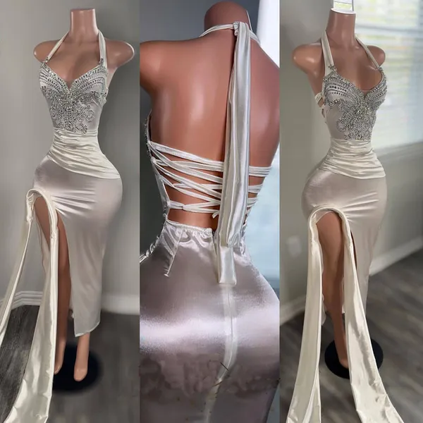 Sexy branco vestido de noite sereia fenda halter pescoço vestido de baile para meninas negras formal concurso aniversário gala outfit