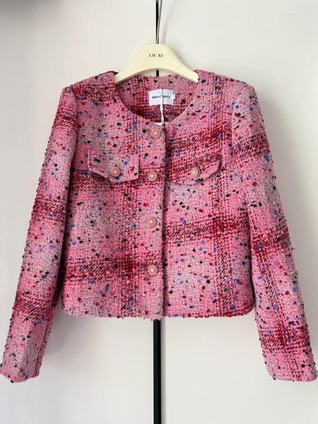 Женские куртки Элегантное маленькое ароматное розовое твидовое пальто высокого качества Осень-зима Женская однобортная женская куртка с круглым вырезом с длинным рукавом
