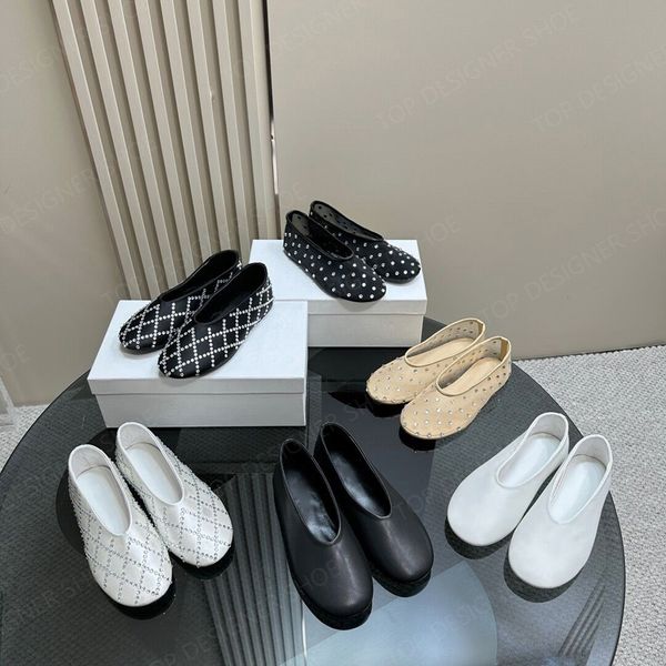 Luxuriöse Designer-Kleiderschuhe, Ballerinas aus dekorativem Mesh mit Strasssteinen, Komfort, Mary Jane-Damen-Slipper aus echtem Leder mit runder Zehenpartie, flache Schuhe