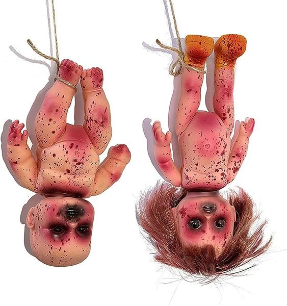 2 Stück gruselige Halloween-Puppen, 20,3 cm, 25,4 cm, blutige Spukpuppe, gruselige hängende Zombie-Junge, Mädchen mit Seil, Halloween-Grusel-Horror-Dekoration, Spukhaus-Requisiten