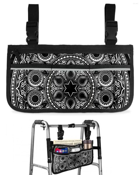 Aufbewahrungstaschen, geometrische Mandala-Blume, schwarze Rollstuhltasche mit Taschen, Armlehnenseite, Elektroroller-Gehrahmentasche