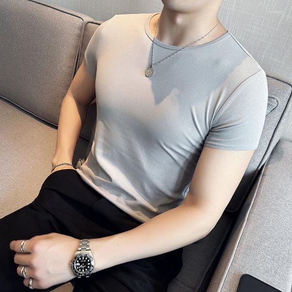 Camisas masculinas verão casual de manga curta t-shirts/masculino fino ajuste moda em torno do pescoço apertado estiramento camiseta estilo coreano