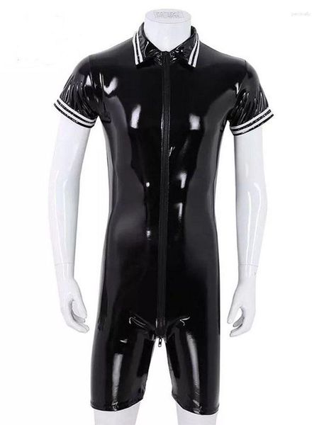 Erkekler Vücut şekillendiricileri S-7XL Kısa Kollu Erkek Görünüş Pvc Catsuit Oyunları Parlak PU Deri Fermuar Açık Kasık Bodysuit Taytlar Teddies