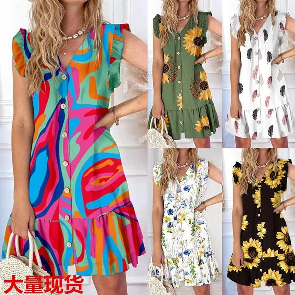 Vestidos casuais manga sem mangas vestido mulheres verão v pescoço botão solto impressão mini praia lazer dobra curto streetwear