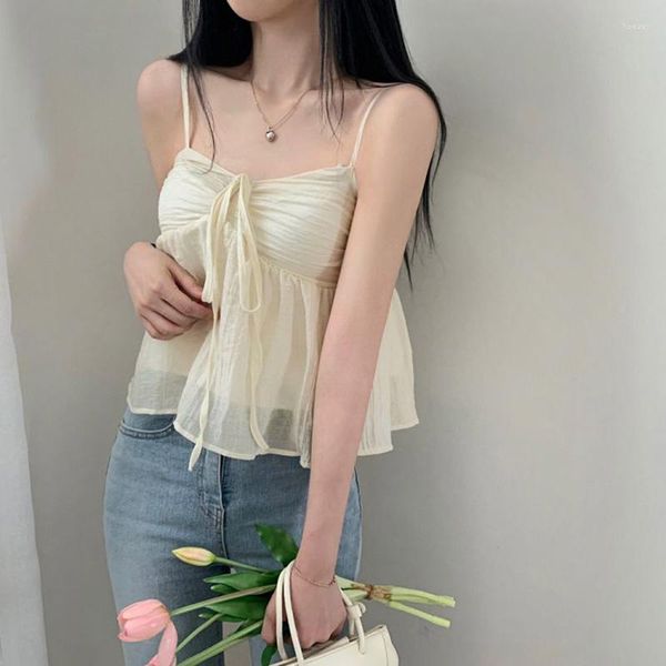 Tanques femininos Y2K Bow Ruffles Crop Top Mulheres Backless Spaghetti Strap Vintage Mini Tank Tops Coreano Fairycore Chic Colete Cute Sling Tee