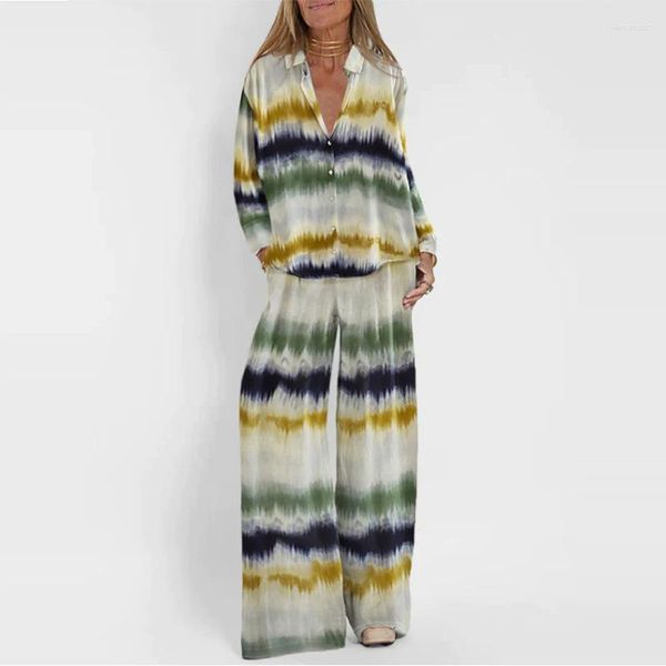 Calças femininas de duas peças streetwear outono tie-dye gradiente impressão moda terno de manga comprida camisa reta calça outfits feminino casual solto