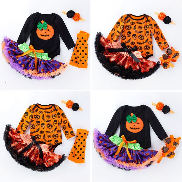 Abiti da ragazza Autunno e Inverno Halloween Costume da bambino Festa di compleanno Cartone animato Zucca Manica lunga Maglia Abito da principessa Set di quattro pezzi 230925