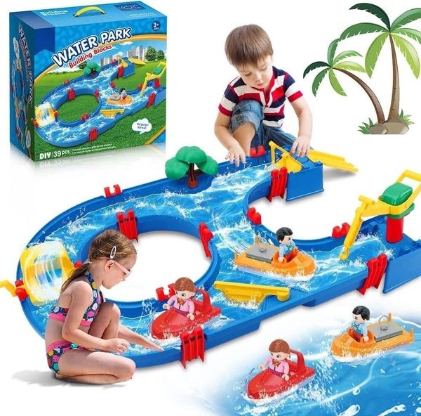 Badespielzeug Wasserspielzeug für Kinder 39-teiliges DIY-Mini-Wasserpark-Bausteinspielzeug auf dem Tisch oder Rasen Strand Wasserstraße Spielset mit 2 Booten für Kinder 230923