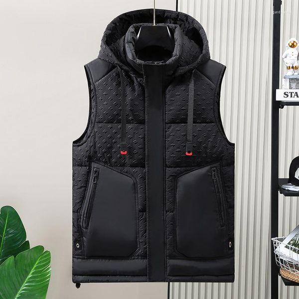 Gilet da uomo # 3659 Giacca senza maniche nera grigia Tasche da uomo Gilet caldo Gilet con cerniera Cappotto spesso Taglie forti 5XL 6XL Con cappuccio