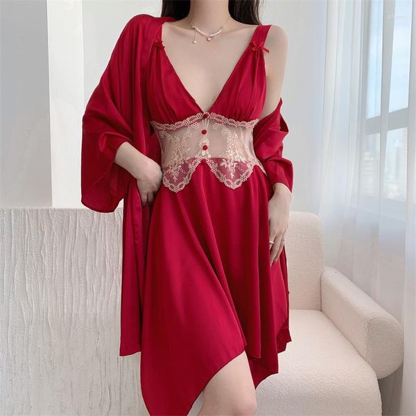 Kadın pijama dantel saten patchwork uyku seti kadın bornoz salon giyim elbisesi seksi kimono robe nightwear Nightgown