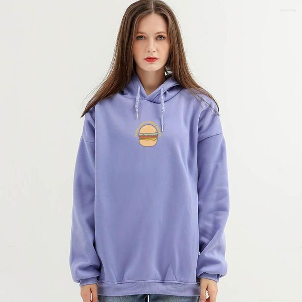 Hoodies femininos velo feminino/masculino moletom inverno letras hambúrguer impresso oversized senhoras pullovers quente manga comprida jaqueta com capuz