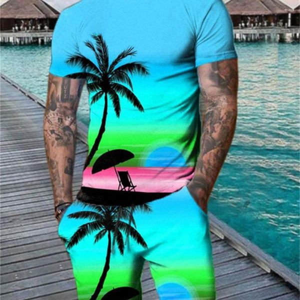 Tracksuits masculinos verão manga curta conjunto 3d coco árvore praia resort estilo impresso camiseta shorts duas peças de moda ao ar livre wear