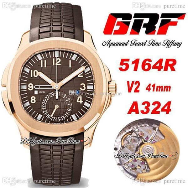 GRF V2 Travel Time 5164R GMT PP324CS A3234 Автоматические мужские часы Розовое золото Коричневый текстурированный циферблат Маркер с номером Резиновый ремешок Wat280x