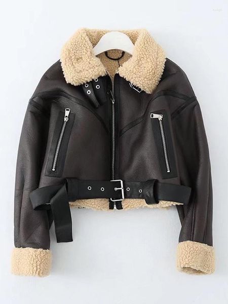 Couro feminino kmetram inverno streetwear falso pele de cordeiro jaqueta curta com cinto moto motociclista grosso quente casaco de pele carneiro outwear