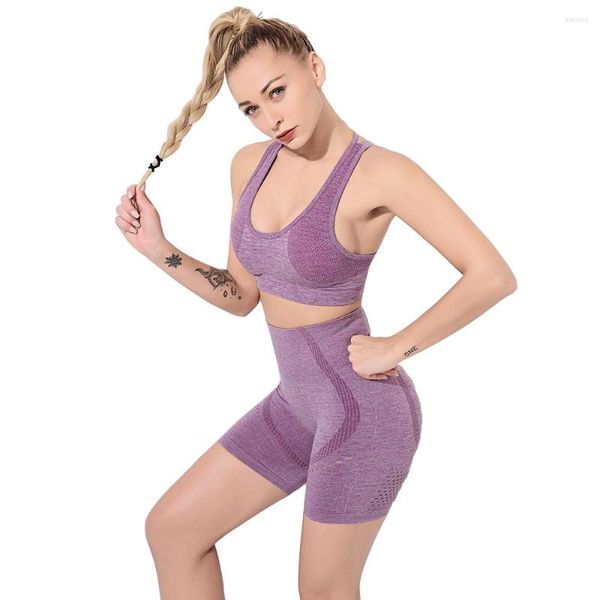 Set attivi Tuta da palestra Set da yoga Abbigliamento da allenamento per donna Manica corta Compressione Crop Top Leggings senza cuciture Abbigliamento sportivo Tuta da fitness