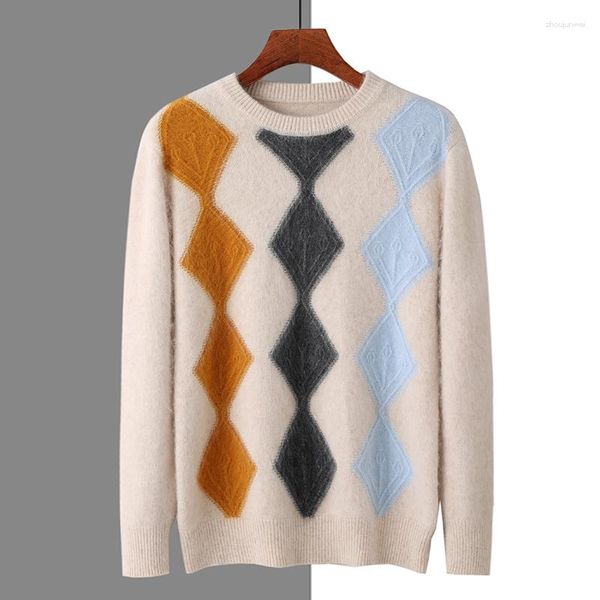 Мужские свитера MVLYFLRT 2023, осенне-зимняя одежда с круглым вырезом, ромбовидный контрастный флисовый свитер из норки, утолщенный пуловер, джемпер BR-100