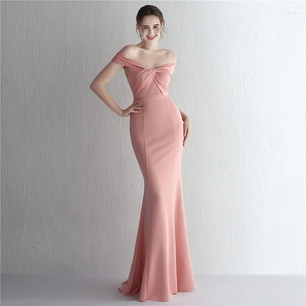 Vestidos de festa dongcmy luxo cetim pano fino-ajuste uma linha ombro longo jantar emagrecimento fishtail vestido rosa casamento noite