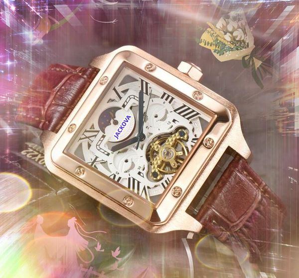 Beliebte mechanische Herrenuhr mit Tourbillon, hohles Skelett, quadratisch, römischer Panzer, Mond, Sonnenzifferblatt, automatisches Uhrwerk, Selbstaufzug, Roségold, Silber, alle Krimi-Uhren