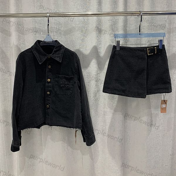 Saia jeans feminina de duas peças, jaqueta de manga comprida com fivela de couro, cintura baixa, meia saia casual fashion