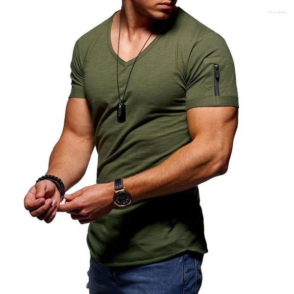 Homens camisetas Homens T-shirt Cor Sólida Zip Bolso V Pescoço Manga Curta Fit Plus Size Tee Elegante Top Verão 2023