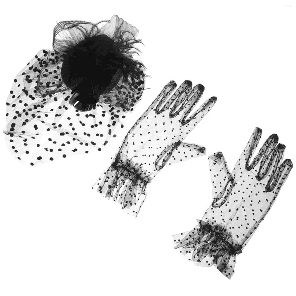 Bandane Guanti Topper Set Abito da ballo bianco Costume da festa Accessorio per capelli Cappello decorativo Berretto a rete Tessuto elegante Miss squisita