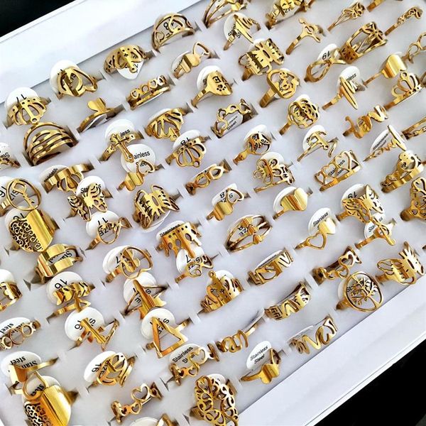 100 pçs / lote anéis de corte a laser para mulheres estilos mix ouro aço inoxidável charme anel meninas festa de aniversário favor feminino bonito je200z