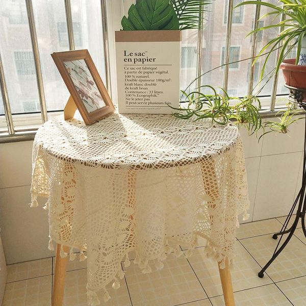 Toalha de mesa clássica moda artesanal crochê borla bege toalha de mesa quarto estudo sala de estar pequena capa redonda decoração de festa