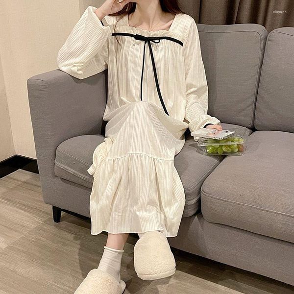 Damen-Nachtwäsche, weißes Nachtkleid, koreanischer Stil, Rüschen-Pyjama, langärmelig, solide, trägt Schleife, süßes Nachthemd für Schlaf-Damen