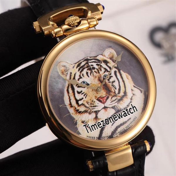 Yeni Bovet Fleurier Amadeo 46mm İsviçre Kuvars Erkekler İzle 18K Sarı Altın Tiger Dövme Boyalı Dial Deri Kayışı Saatler Timezonewat299G