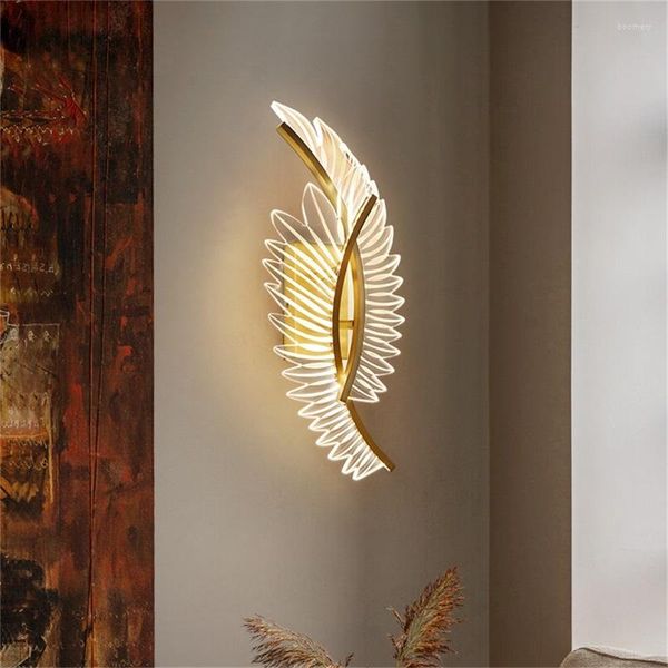 Lampada da parete TEMAR Postmoderna in ottone con luci, applique semplici a forma di piuma, decorative per la casa