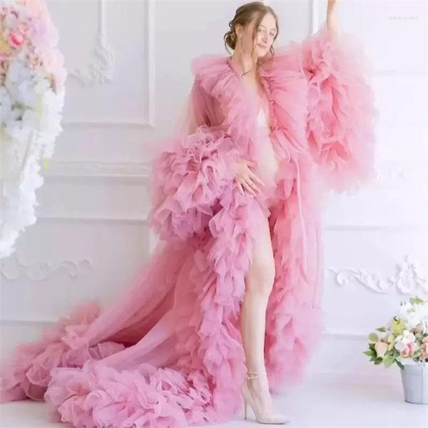 Partykleider Rosa Mutterschaft für Pografie Elegante Rüschen Tüll Schwangere Frauen Poshoot Lange Ärmel Puffly Abendkleid