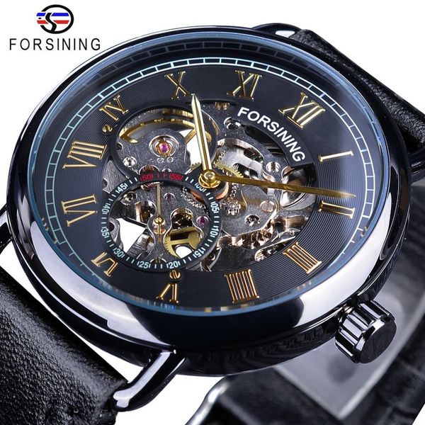 Forsining relógio mecânico com números romanos, preto, dourado, segundos, mãos, design independente, mecânico, resistente à água, 159v