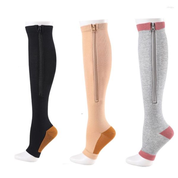 Meias masculinas compressão mulheres homens zíper moda alívio da dor joelho alto zip perna suporte sox aberto dedo do pé cor sólida 20-30mmhg