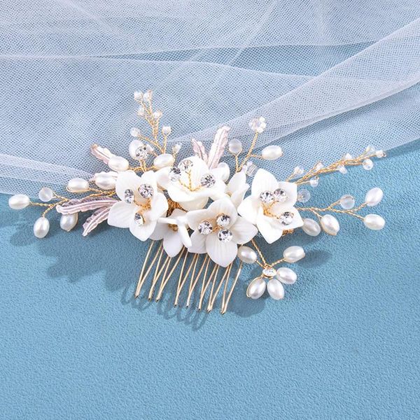 Fermagli per capelli Moda coreana Pettini Disegni di fiori bianchi Forcine per capelli con strass di perle artificiali per gioielli da sposa