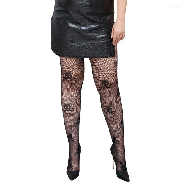 Calzini da donna Taglie forti Halloween Stampa teschio Calze a rete Collant velati Calze con strass lucidi Collant a rete