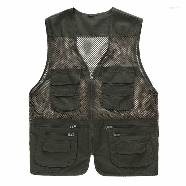 Gilet da uomo Gilet in rete verde da uomo Capispalla cavo traspirante Ragazzi Zip Up Caccia Tattico Giacca senza maniche da esterno maschile Oversize