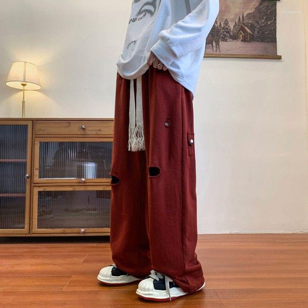 Мужские брюки осень-зима хипстеры в стиле хип-хоп с отверстиями прямые мужские Harajuku Y2K модные универсальные свободные повседневные брюки мужские однотонные спортивные штаны