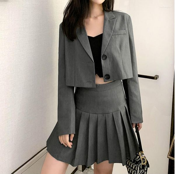 Calças femininas de duas peças 2023 jaqueta estudante saia plissada terno feminino prata cinza blazer senhora trabalho de escritório manga longa blazers vestido curto