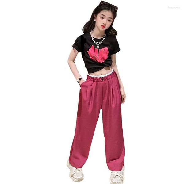 Giyim Setleri Yaz 2023 Çocuk Kızlar Tshirt Pantolon Katı Moda Baskı Genç Giysileri Takım Çocuk Kıyafetleri 4-14 Yaş