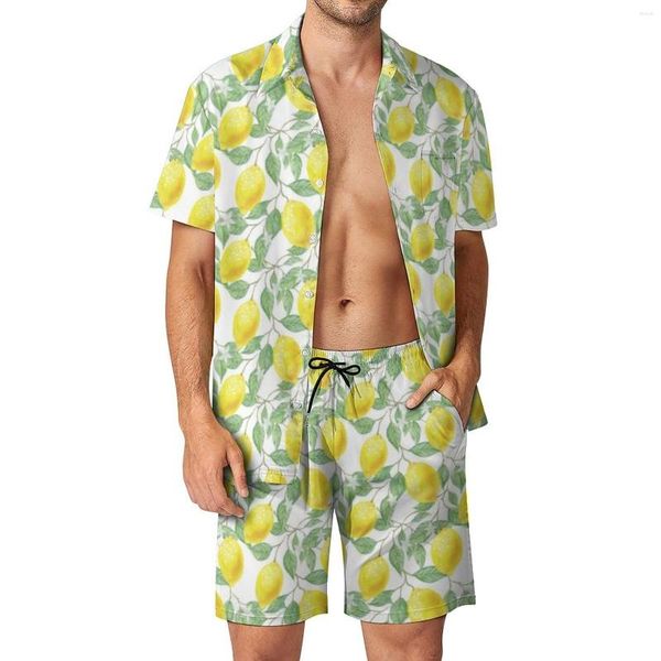 Fatos masculinos limão árvore homens define flor floral impressão casual shorts verão moda beachwear camisa conjunto de manga curta padrão grande tamanho terno