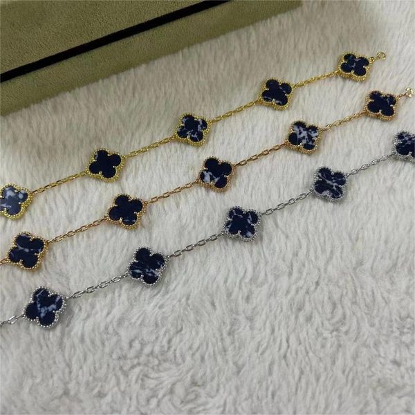 Güzel yonca lüks tasarımcı cazibe bileziği kadınlar için kızlar gümüş beyaz altın tatlı 5 çiçek yaprağı mavi pietersite taş bağlantı zinciri 15mm bilezik mücevherler en yeni