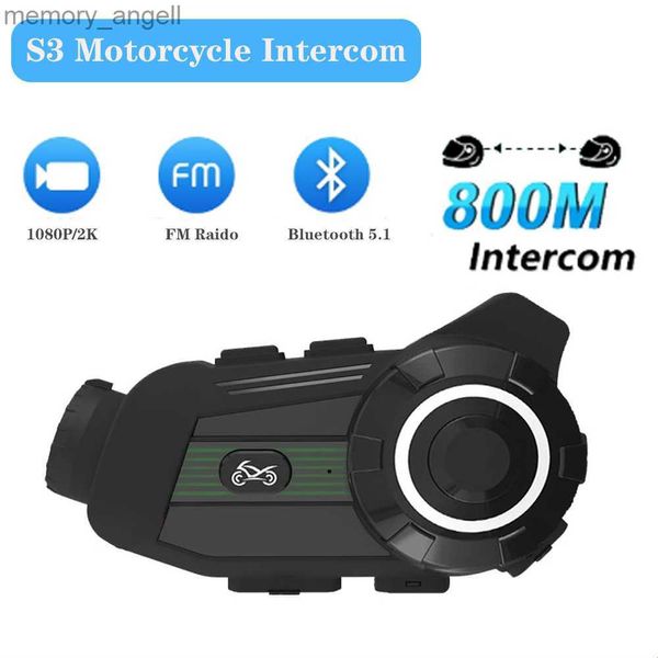 Walkie Talkie S3 Capacete de intercomunicação para motocicleta Fone de ouvido Bluetooth com gravador de câmera 1080P / 2K Interfone de 800M para 2 pilotos 2350mah IP67 Rádio FM HKD230925