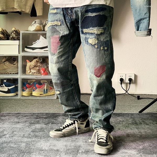 Jeans da uomo 2023 Autunno Lungo Ze Applicazione NBHD Vernice Splatted danneggiata Fatta Vecchio Lavato Pantaloni Gamba Dritta Casual Allentati