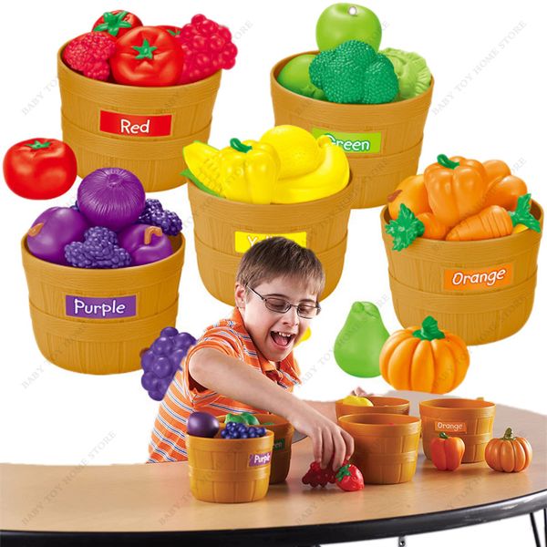 Cozinhas jogar comida fingir conjunto frutas vegetais com balde de armazenamento brinquedos montessori simulação de cor presentes para crianças 230925
