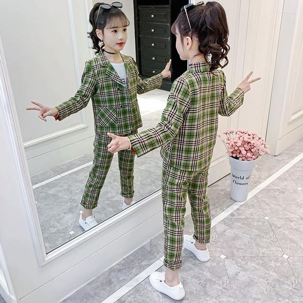 Giyim setleri Kore versiyonu Vintage Greenpink Ekose Ceket Pantolonları Takım Kızlar Basit Moda Çift Kelime Çifte Üstler Pantolon 2 PCS Set 6-14y