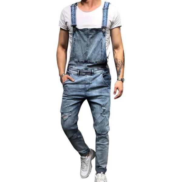 Puimentiua 2023 moda masculina jeans rasgados macacões rua angustiado buraco denim bib macacão para homem calças suspender pinkwing-6 cxg92528