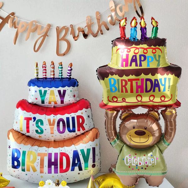 Andere Event-Party liefert 3-layer große Kuchenballons Alles Gute zum Geburtstag Cartoon Bärenkuchen-Folienballons für Kinder Geburtstagsfeier Dekoration Requisiten Ballon Toys 230925