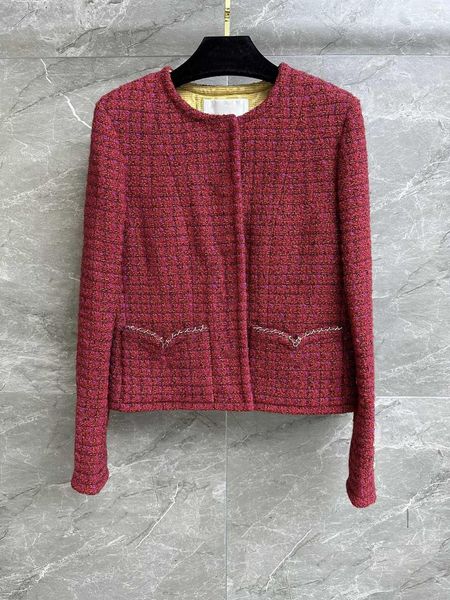 Giacche da donna Cappotto scozzese rosso Girocollo Scollo Design Doppia tasca Catena in pelle impreziosita da una combinazione di colori vintage8.9