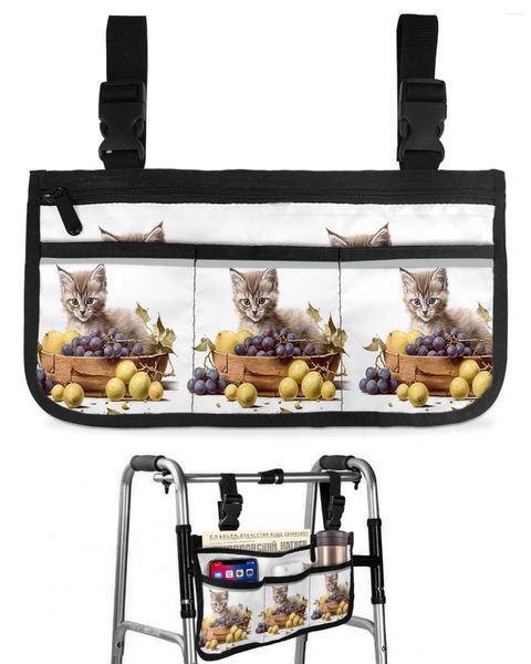 Sacos de armazenamento Gatinho Frutas Uvas Saco de cadeira de rodas com bolsos tiras reflexivas braço lado scooter elétrico andando bolsa