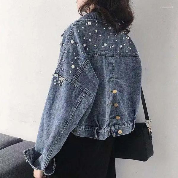 Jaquetas femininas pérolas denim casacos para mulheres moda botões manga longa colheita tops mulher azul solto streetwear feminino